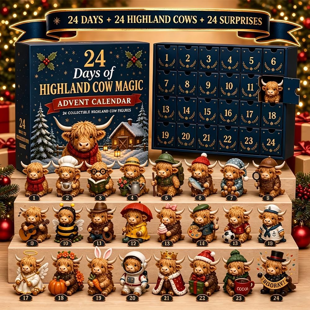 HighlandCow – Calendrier de l'Avent 24 Mini Figurines Vaches Écossaises